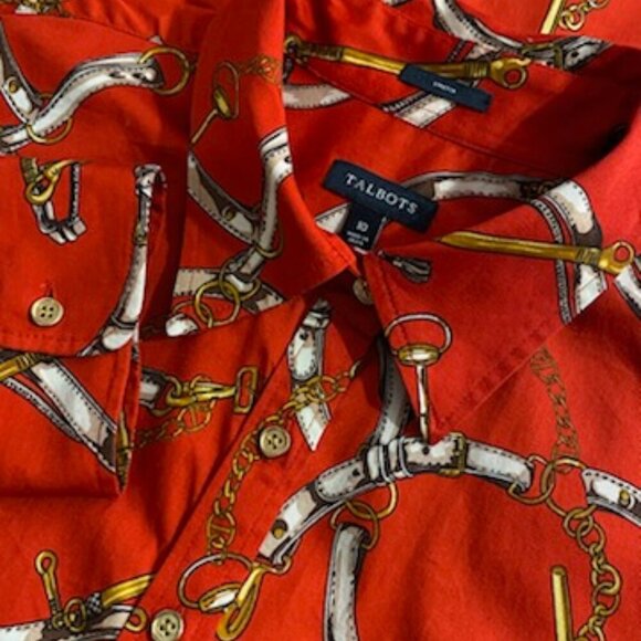 TALBOTS Stretch Womens Red Equestrian Horse Button Down Blouse Top Sz 10 Preppy - Picture 5 of 6